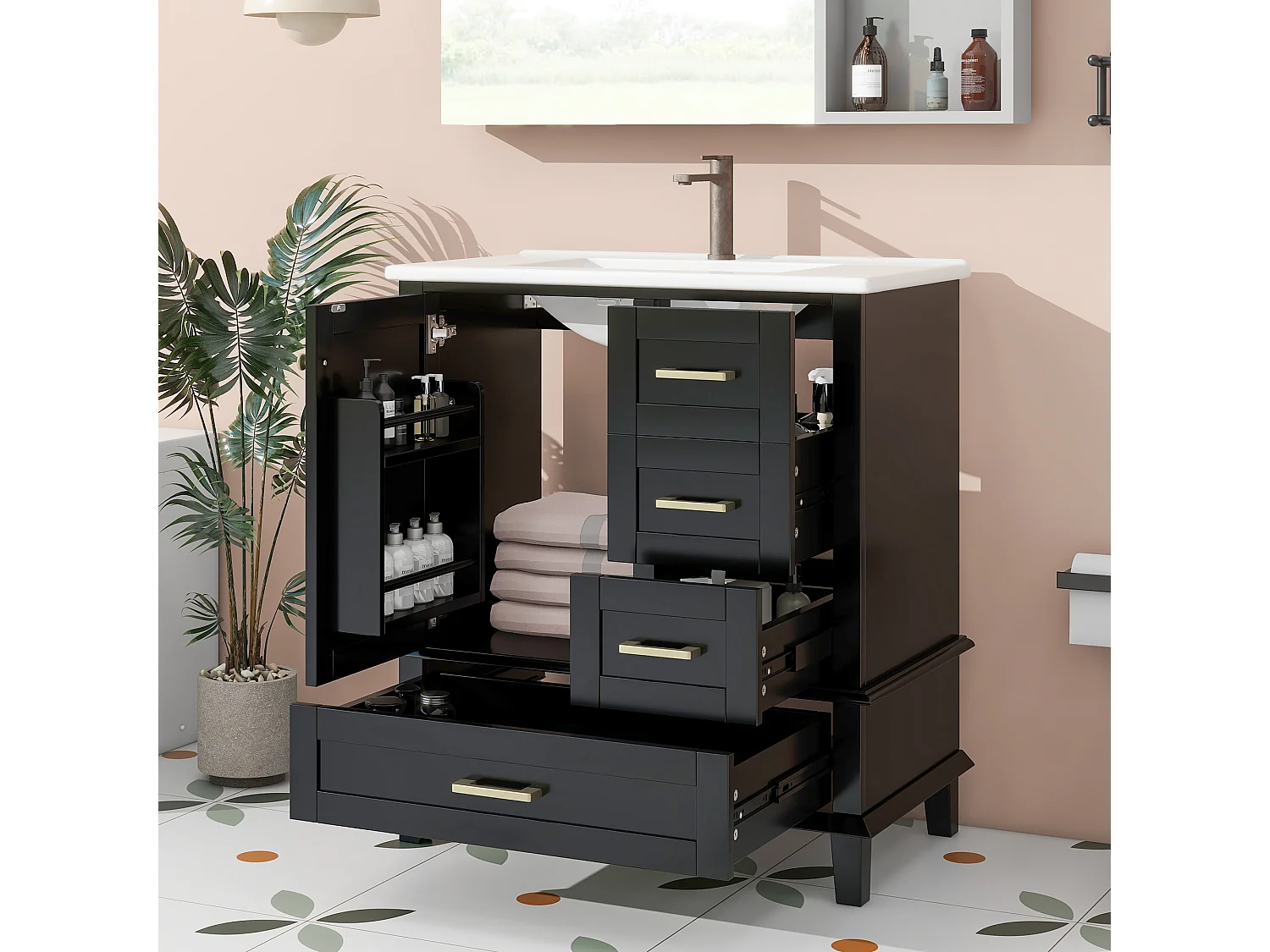 Meuble simple vasque en céramique posé au sol - 73 x 45.5 x 83.5 cm - avec tiroirs + portes - Céramique + MDF - noir (Robinet non inclus)