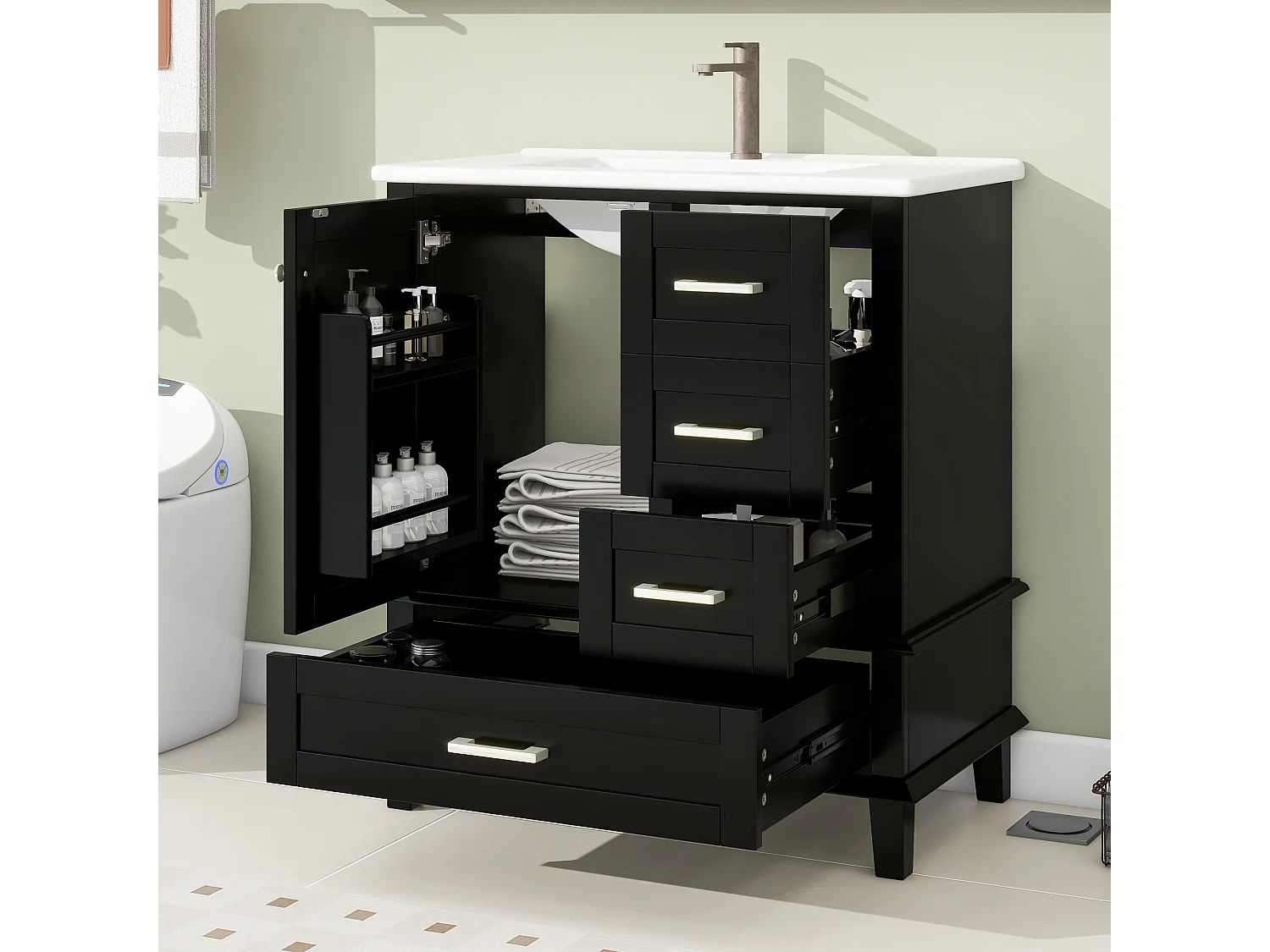 Meuble simple vasque en céramique posé au sol - 73 x 45.5 x 83.5 cm - avec tiroirs + portes - Céramique + MDF - noir (Robinet non inclus)