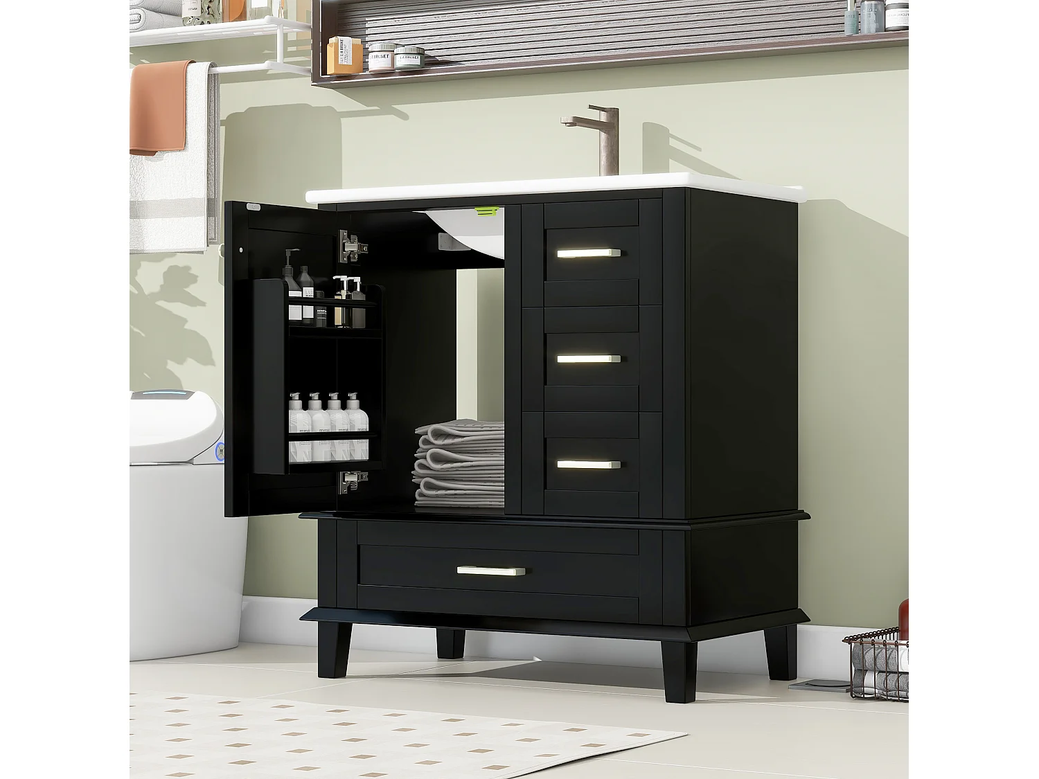 Meuble simple vasque en céramique posé au sol - 73 x 45.5 x 83.5 cm - avec tiroirs + portes - Céramique + MDF - noir (Robinet non inclus)