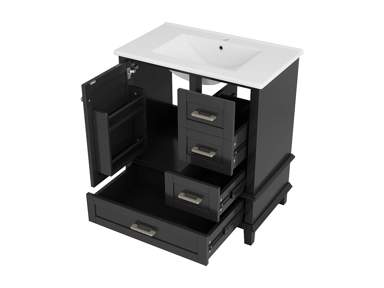 Meuble simple vasque en céramique posé au sol - 73 x 45.5 x 83.5 cm - avec tiroirs + portes - Céramique + MDF - noir (Robinet non inclus)