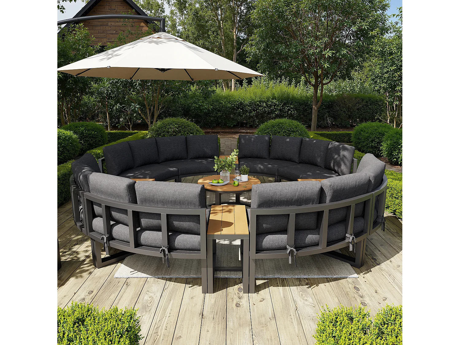 Set di mobili da giardino per 12-16 persone - con cuscini + guanciali + divano rotondo + tavoli - metallo - grigio