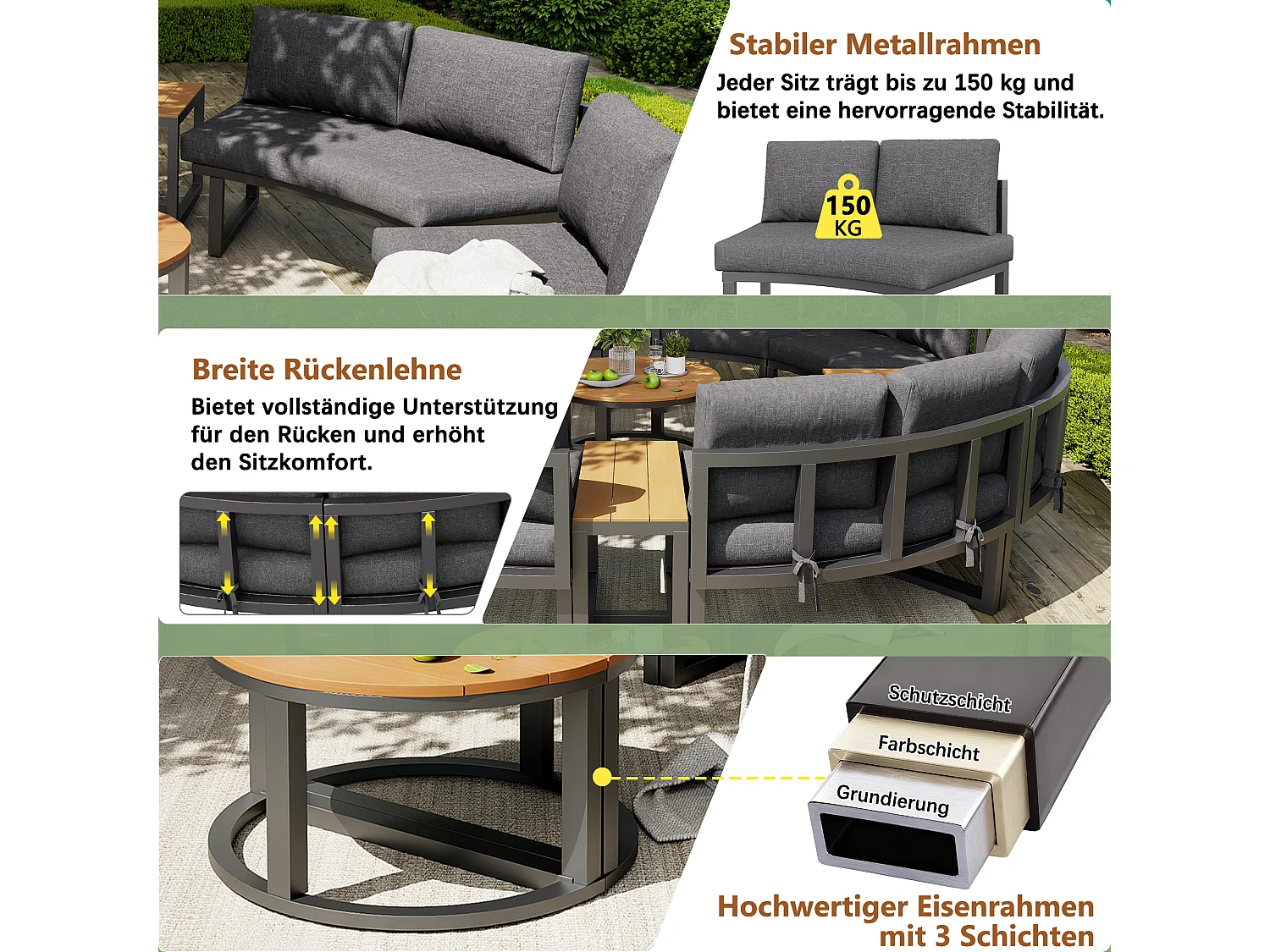 Set di mobili da giardino per 12-16 persone - con cuscini + guanciali + divano rotondo + tavoli - metallo - grigio