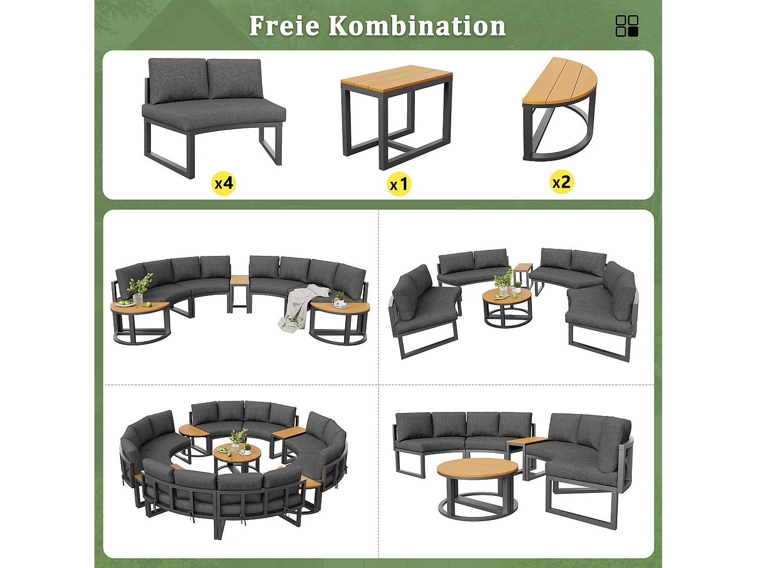 Set di mobili da giardino per 12-16 persone - con cuscini + guanciali + divano rotondo + tavoli - metallo - grigio