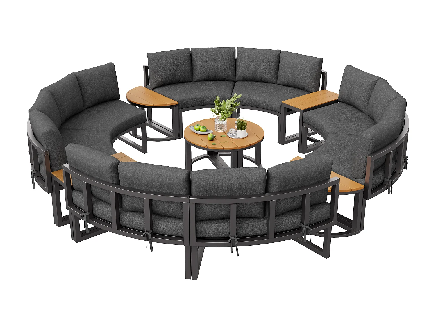 Set di mobili da giardino per 12-16 persone - con cuscini + guanciali + divano rotondo + tavoli - metallo - grigio