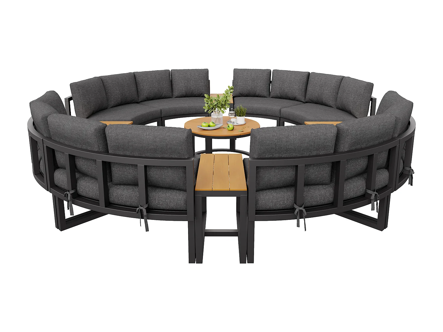 Set di mobili da giardino per 12-16 persone - con cuscini + guanciali + divano rotondo + tavoli - metallo - grigio