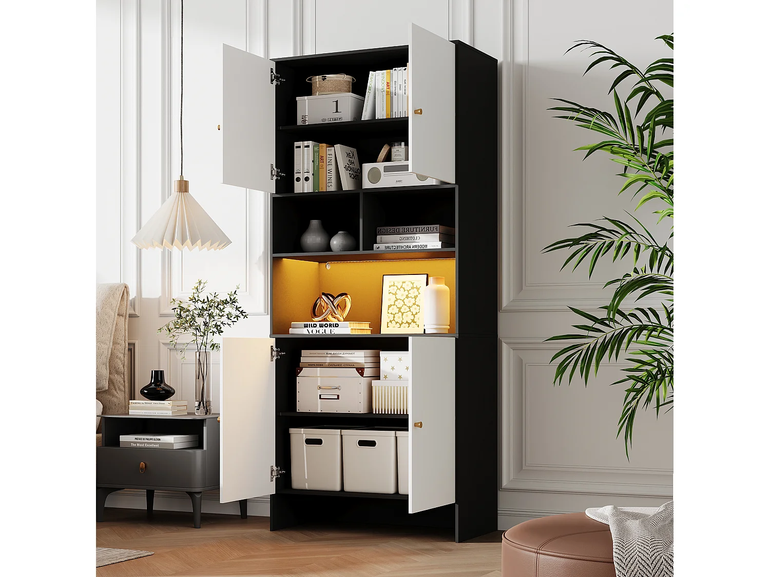 Nowoczesna, wysoka komoda do salonu - 80 x 40 x 185 cm - 4 drzwi + 3 otwarte półki + diody LED - płyta wiórowa - biały + czarny