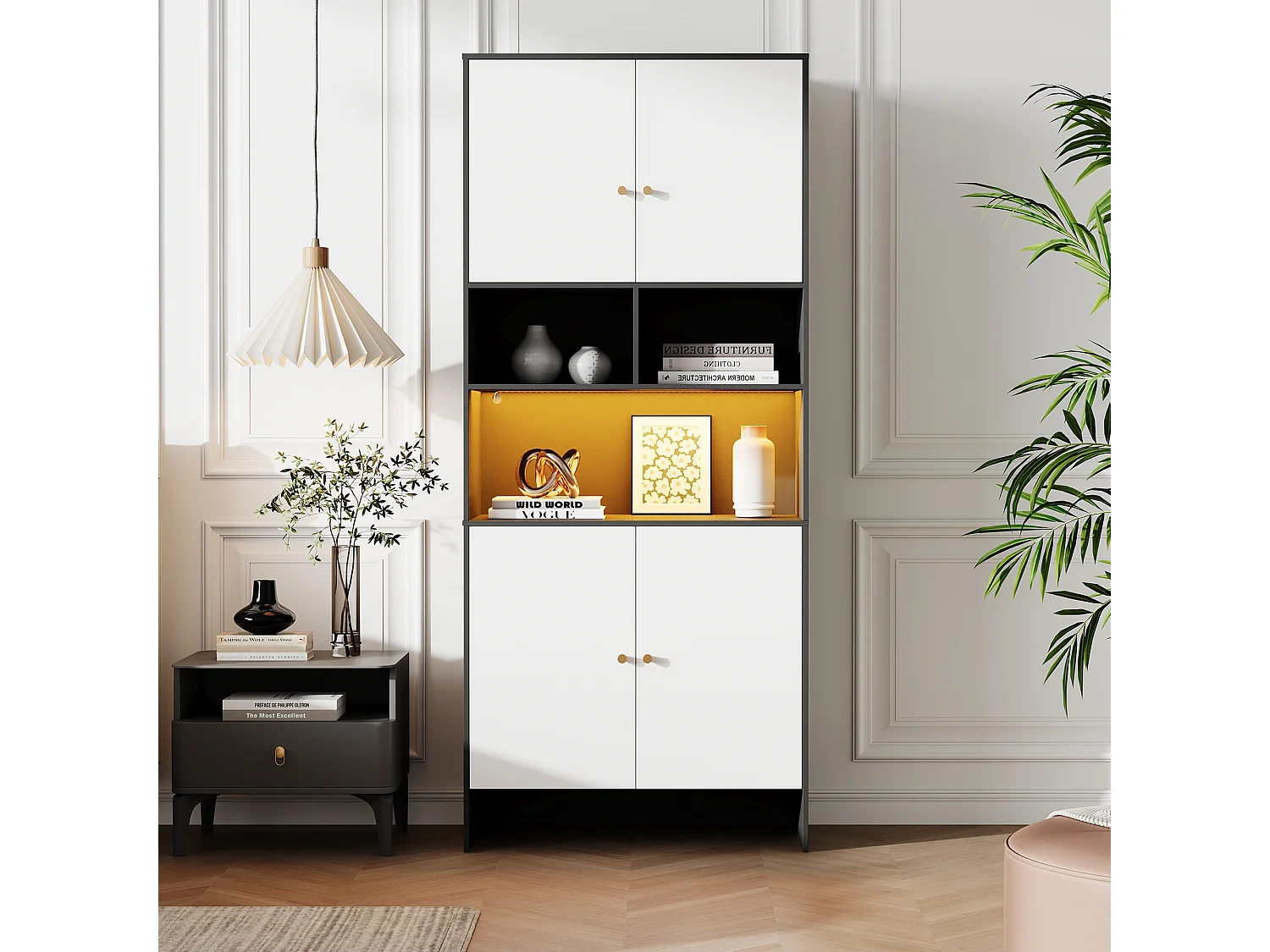 Nowoczesna, wysoka komoda do salonu - 80 x 40 x 185 cm - 4 drzwi + 3 otwarte półki + diody LED - płyta wiórowa - biały + czarny