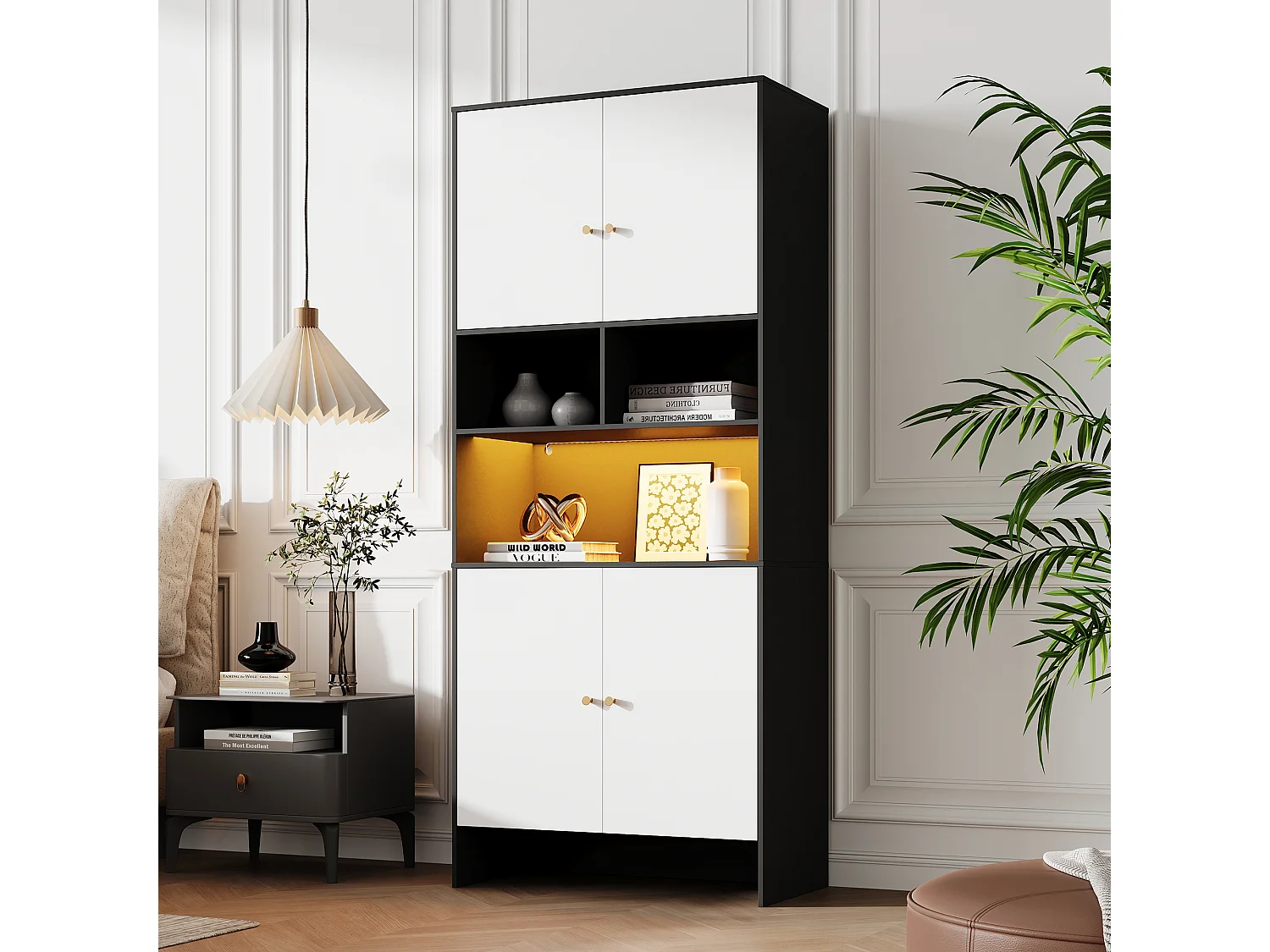 Nowoczesna, wysoka komoda do salonu - 80 x 40 x 185 cm - 4 drzwi + 3 otwarte półki + diody LED - płyta wiórowa - biały + czarny