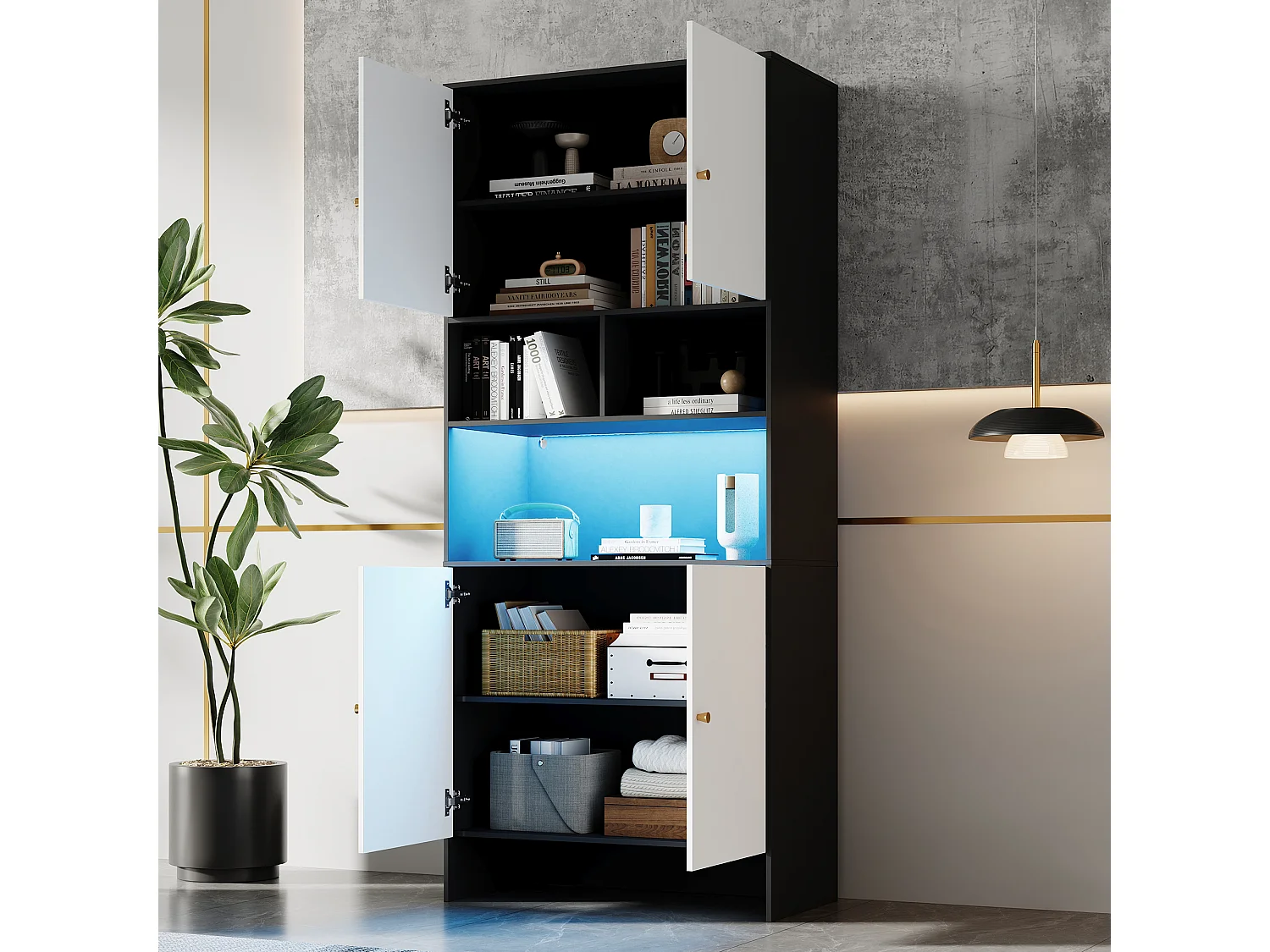 Nowoczesna, wysoka komoda do salonu - 80 x 40 x 185 cm - 4 drzwi + 3 otwarte półki + diody LED - płyta wiórowa - biały + czarny