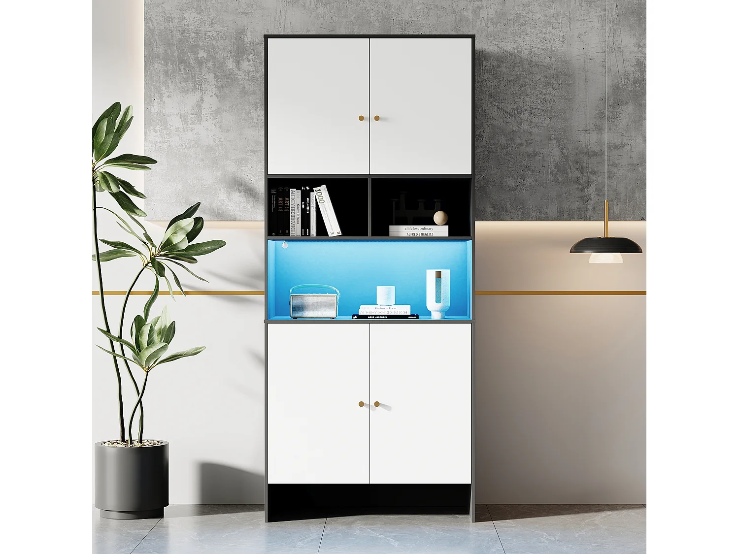 Nowoczesna, wysoka komoda do salonu - 80 x 40 x 185 cm - 4 drzwi + 3 otwarte półki + diody LED - płyta wiórowa - biały + czarny