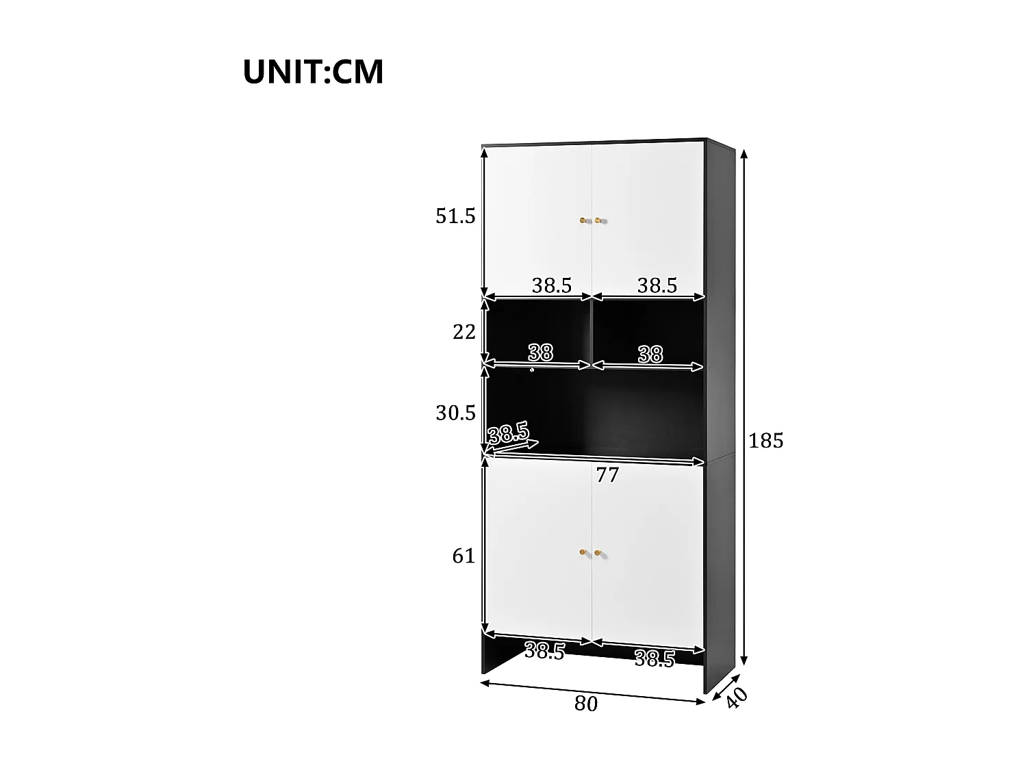 Nowoczesna, wysoka komoda do salonu - 80 x 40 x 185 cm - 4 drzwi + 3 otwarte półki + diody LED - płyta wiórowa - biały + czarny