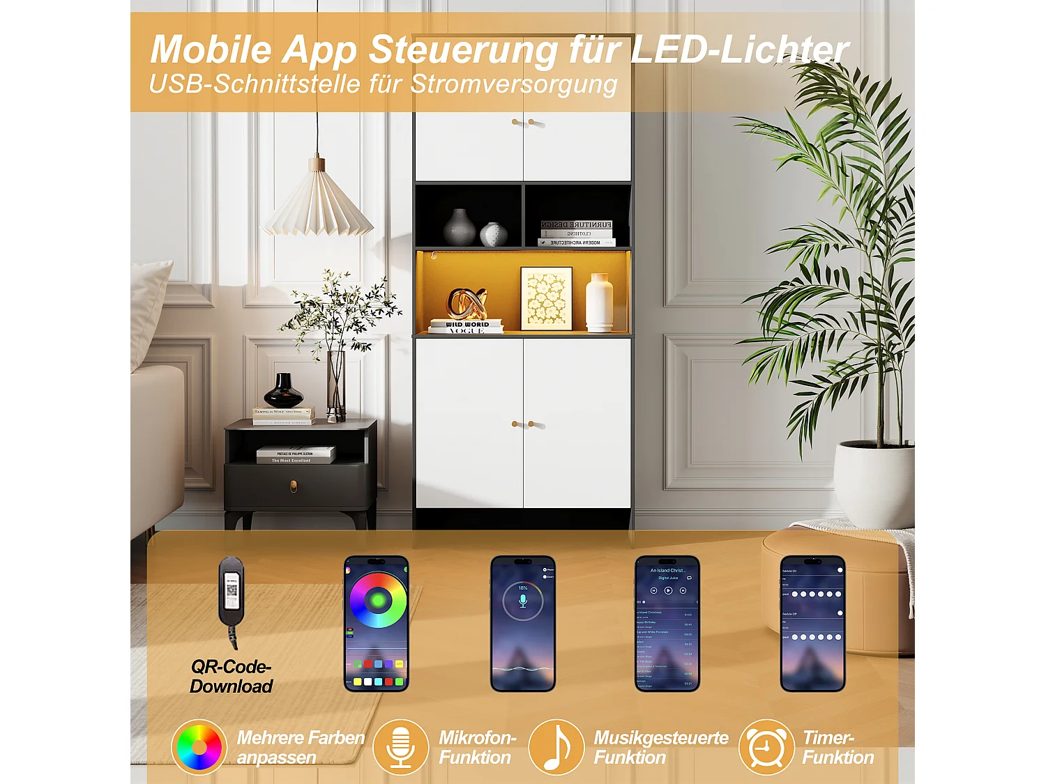 Nowoczesna, wysoka komoda do salonu - 80 x 40 x 185 cm - 4 drzwi + 3 otwarte półki + diody LED - płyta wiórowa - biały + czarny