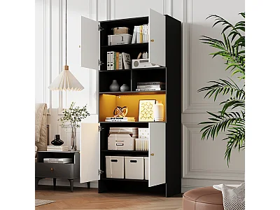 Buffet haut moderne pour salon - 80 x 40 x 185 cm - avec 4 portes + 3 étagères ouverts + Leds - aggloméré - blanc + noir