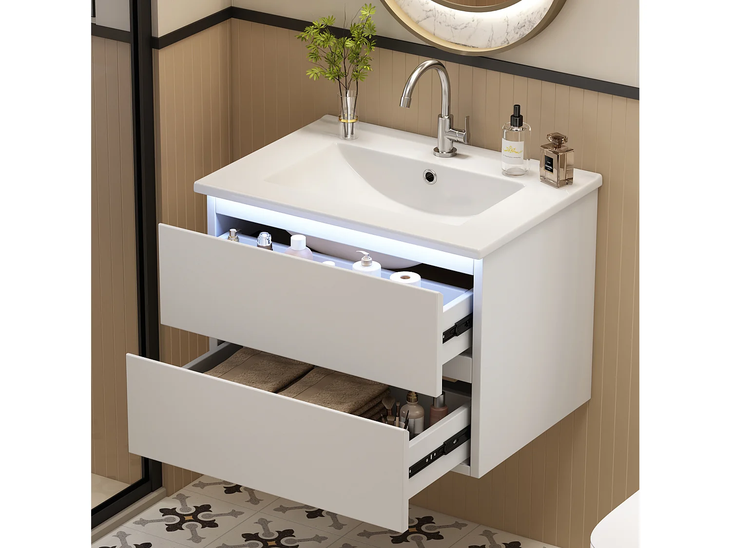 Pojedyncza umywalka ceramiczna pod umywalkę wiszącą - 61 x 46 x 45 cm - wykończenie lakierowane - z diodami LED + 2 szuflady - ceramika + MDF - biały