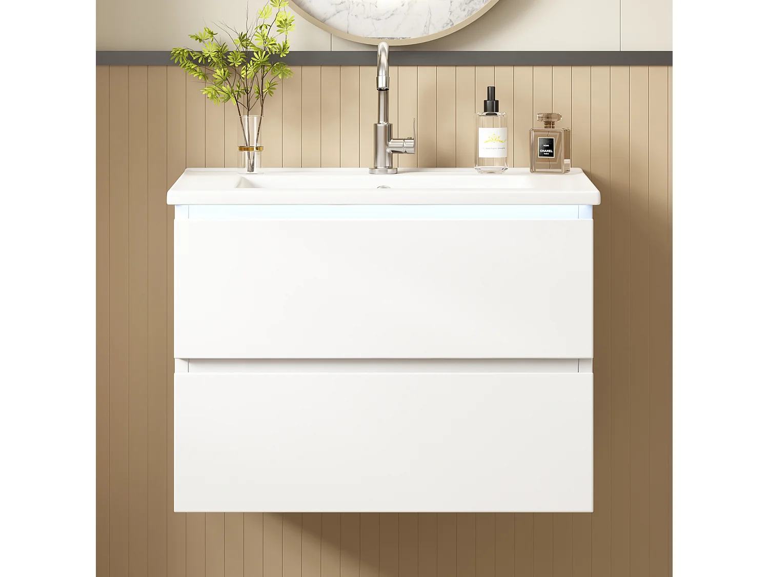 Pojedyncza umywalka ceramiczna pod umywalkę wiszącą - 61 x 46 x 45 cm - wykończenie lakierowane - z diodami LED + 2 szuflady - ceramika + MDF - biały