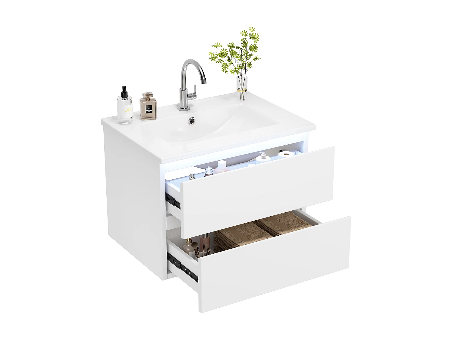 Pojedyncza umywalka ceramiczna pod umywalkę wiszącą - 61 x 46 x 45 cm - wykończenie lakierowane - z diodami LED + 2 szuflady - ceramika + MDF - biały