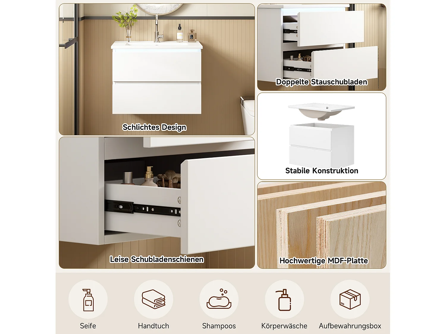 Pojedyncza umywalka ceramiczna pod umywalkę wiszącą - 61 x 46 x 45 cm - wykończenie lakierowane - z diodami LED + 2 szuflady - ceramika + MDF - biały