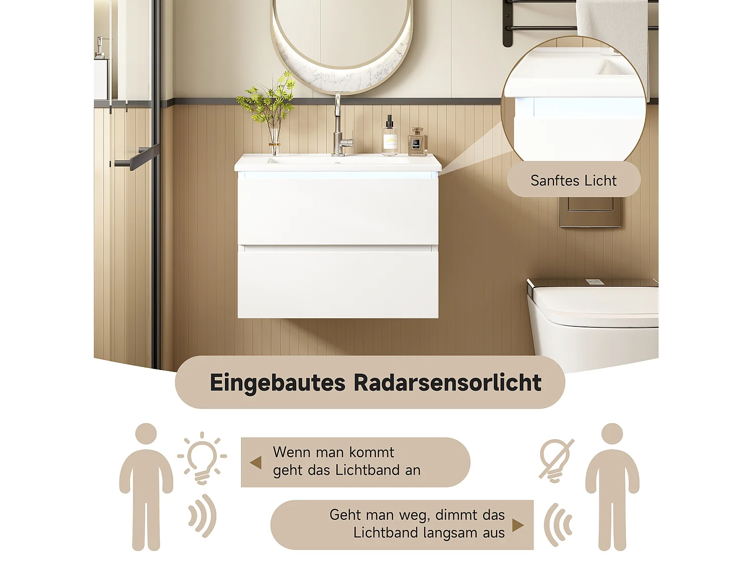 Pojedyncza umywalka ceramiczna pod umywalkę wiszącą - 61 x 46 x 45 cm - wykończenie lakierowane - z diodami LED + 2 szuflady - ceramika + MDF - biały