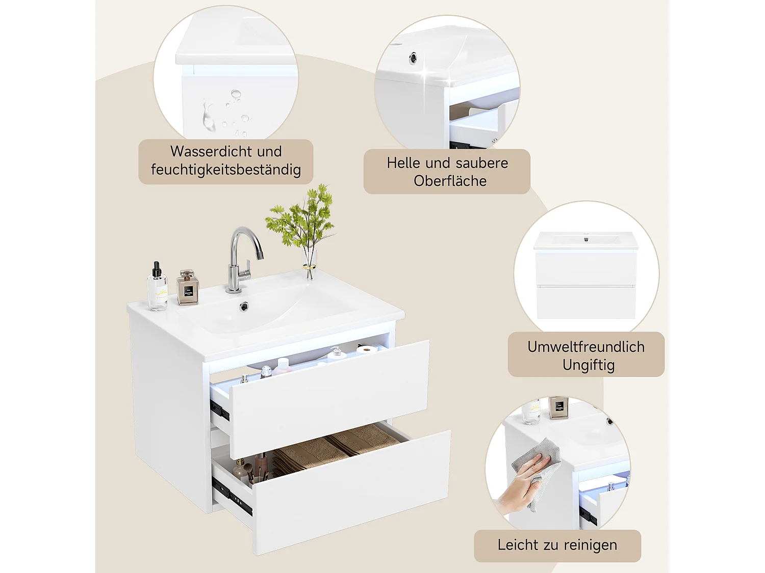 Pojedyncza umywalka ceramiczna pod umywalkę wiszącą - 61 x 46 x 45 cm - wykończenie lakierowane - z diodami LED + 2 szuflady - ceramika + MDF - biały