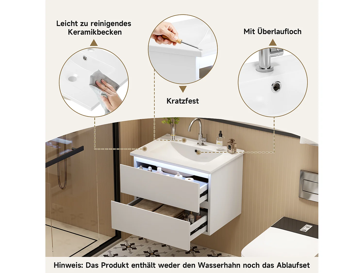 Pojedyncza umywalka ceramiczna pod umywalkę wiszącą - 61 x 46 x 45 cm - wykończenie lakierowane - z diodami LED + 2 szuflady - ceramika + MDF - biały