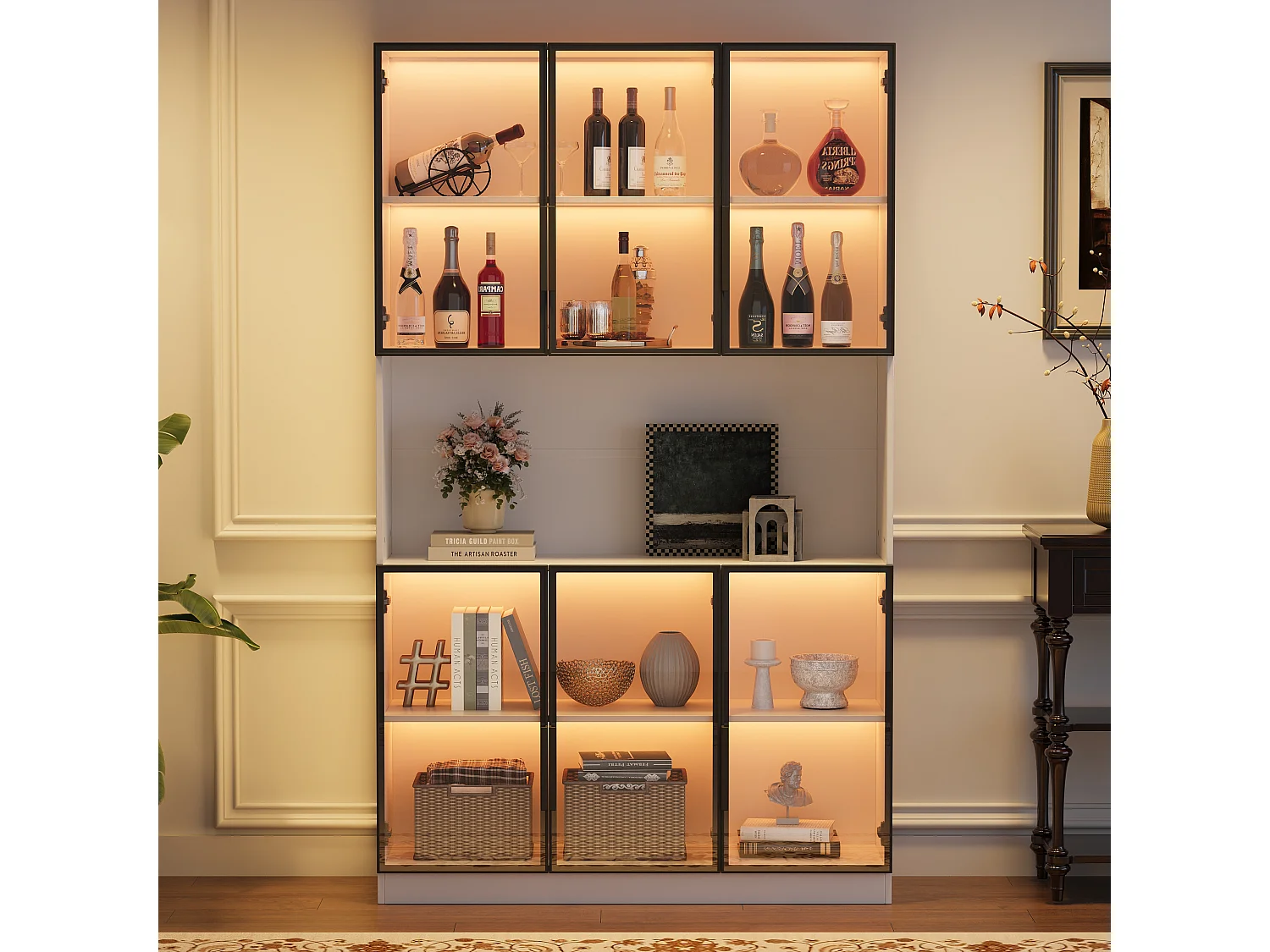 Moderne hoge glazen vitrinekast - 120 x 34 x 200 cm - met LED-verlichting + 6 deuren + plank - spaanplaat - wit