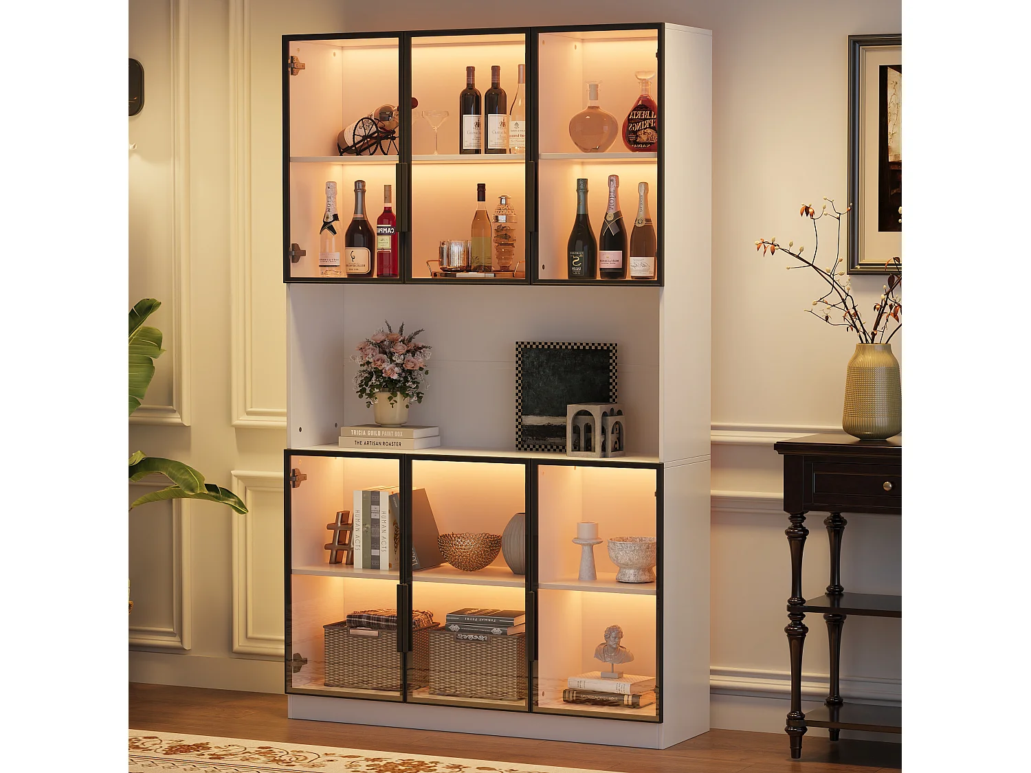 Moderne hoge glazen vitrinekast - 120 x 34 x 200 cm - met LED-verlichting + 6 deuren + plank - spaanplaat - wit