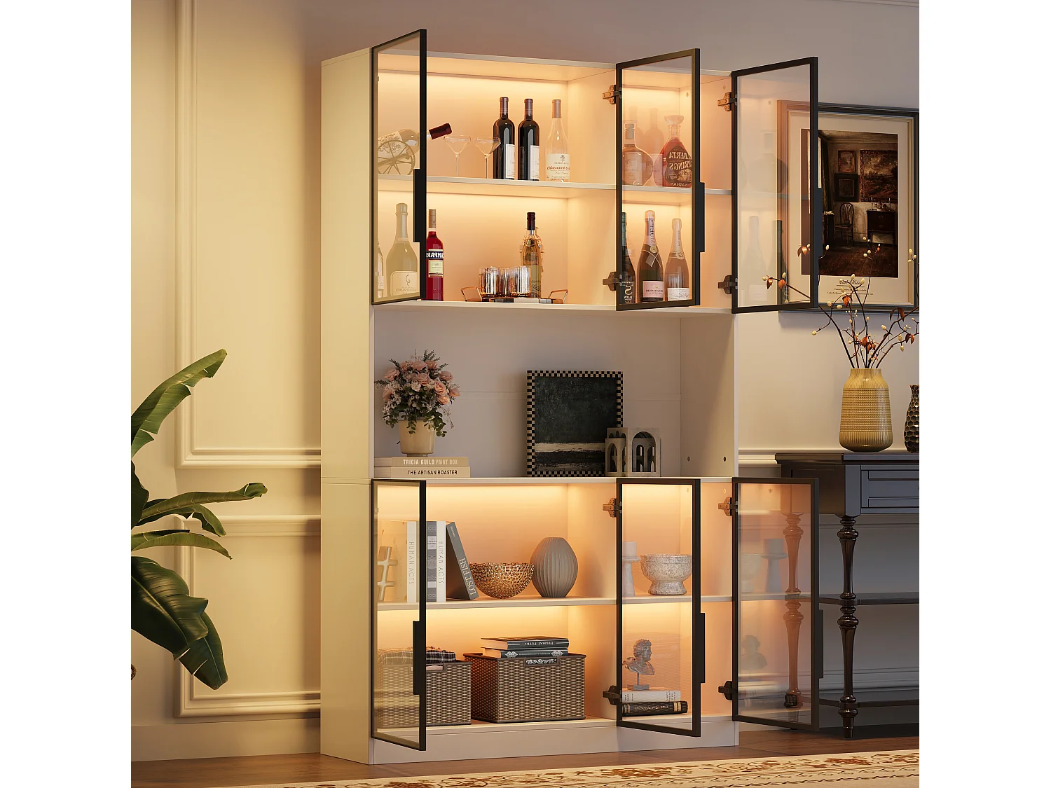 Moderne hoge glazen vitrinekast - 120 x 34 x 200 cm - met LED-verlichting + 6 deuren + plank - spaanplaat - wit