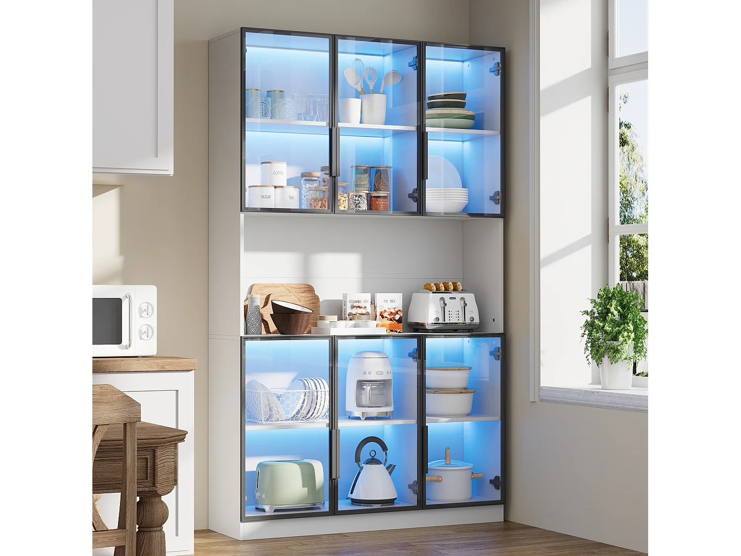 Moderne hoge glazen vitrinekast - 120 x 34 x 200 cm - met LED-verlichting + 6 deuren + plank - spaanplaat - wit