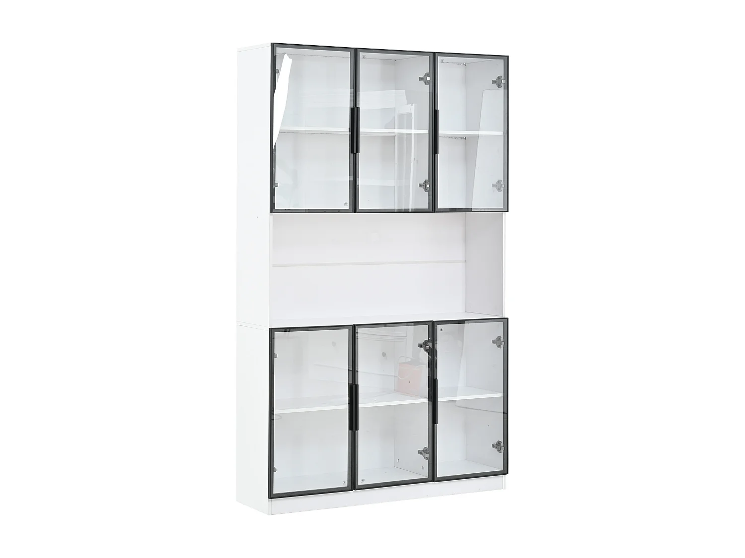 Moderne hoge glazen vitrinekast - 120 x 34 x 200 cm - met LED-verlichting + 6 deuren + plank - spaanplaat - wit