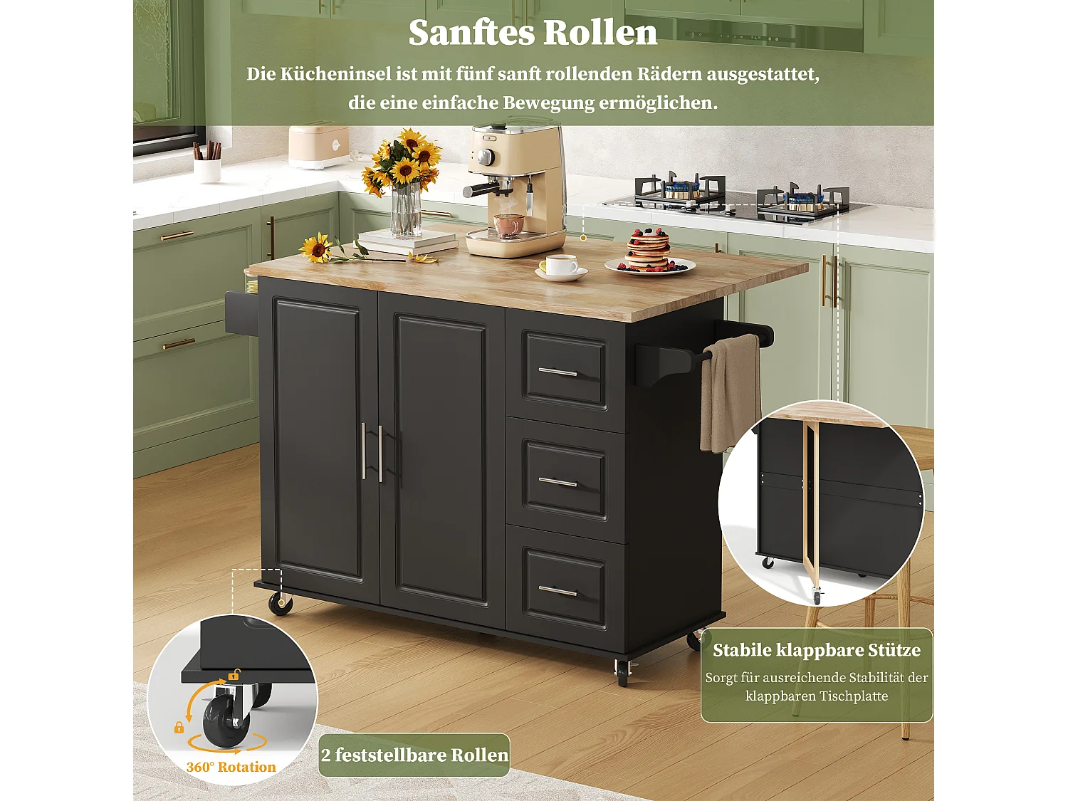 Verplaatsbaar keukeneiland - 137 x 43 (76) x 92 cm - inklapbaar blad - met 3 lades + 2 deuren - MDF - zwart