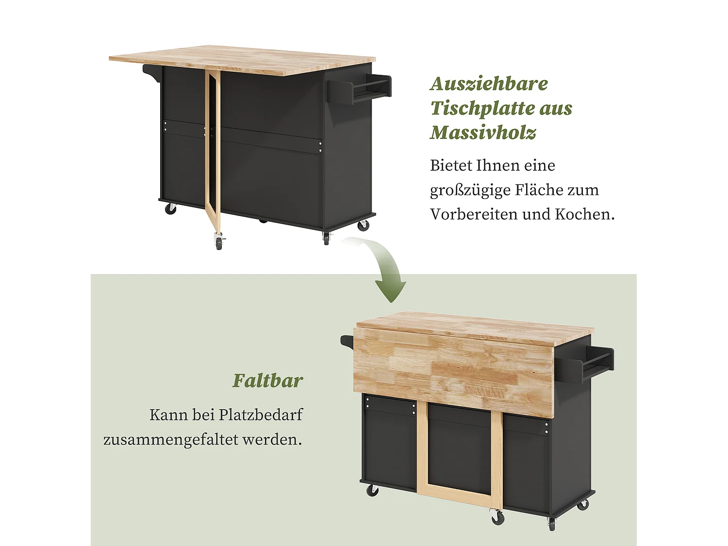 Verplaatsbaar keukeneiland - 137 x 43 (76) x 92 cm - inklapbaar blad - met 3 lades + 2 deuren - MDF - zwart