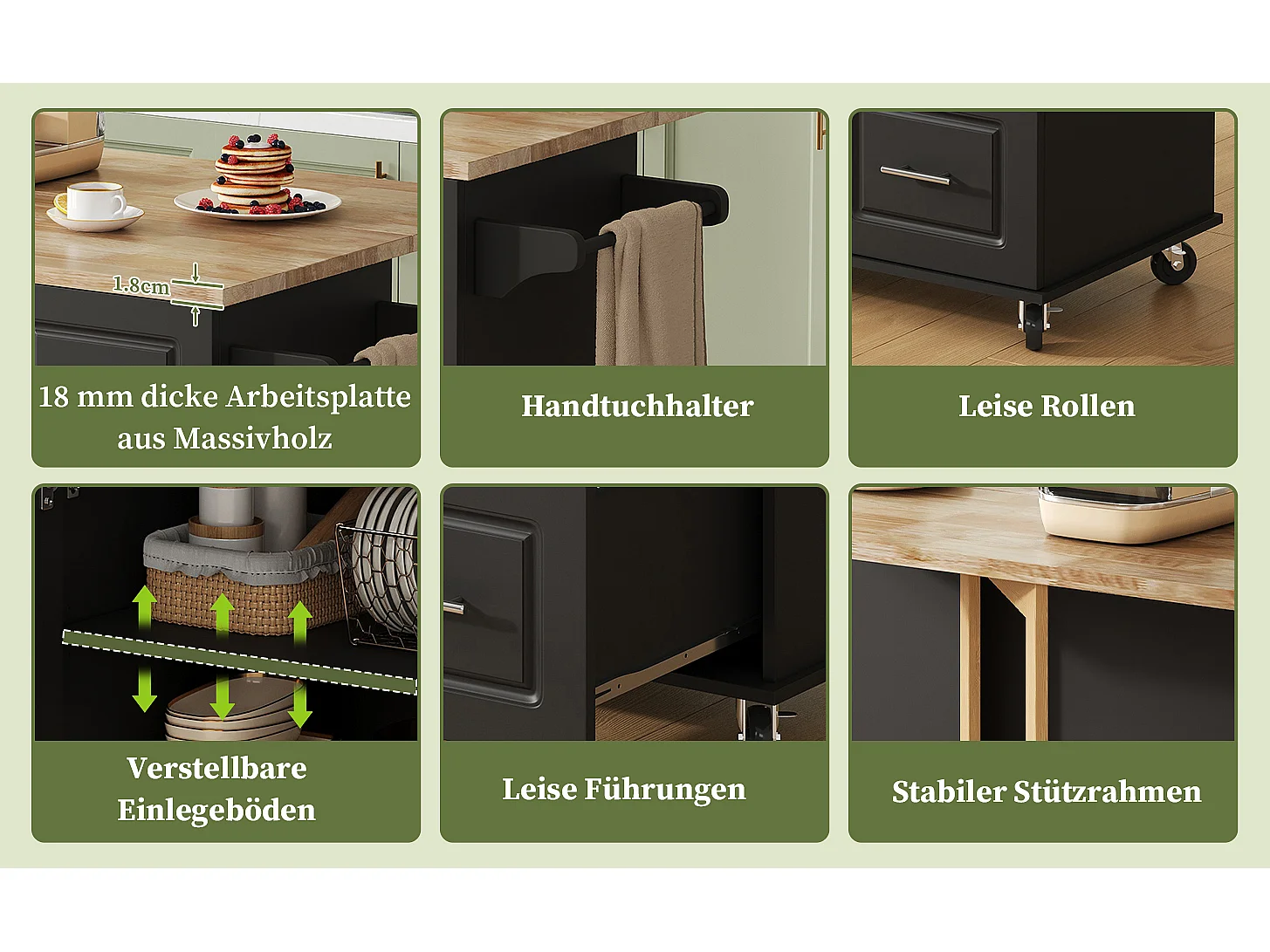 Verplaatsbaar keukeneiland - 137 x 43 (76) x 92 cm - inklapbaar blad - met 3 lades + 2 deuren - MDF - zwart