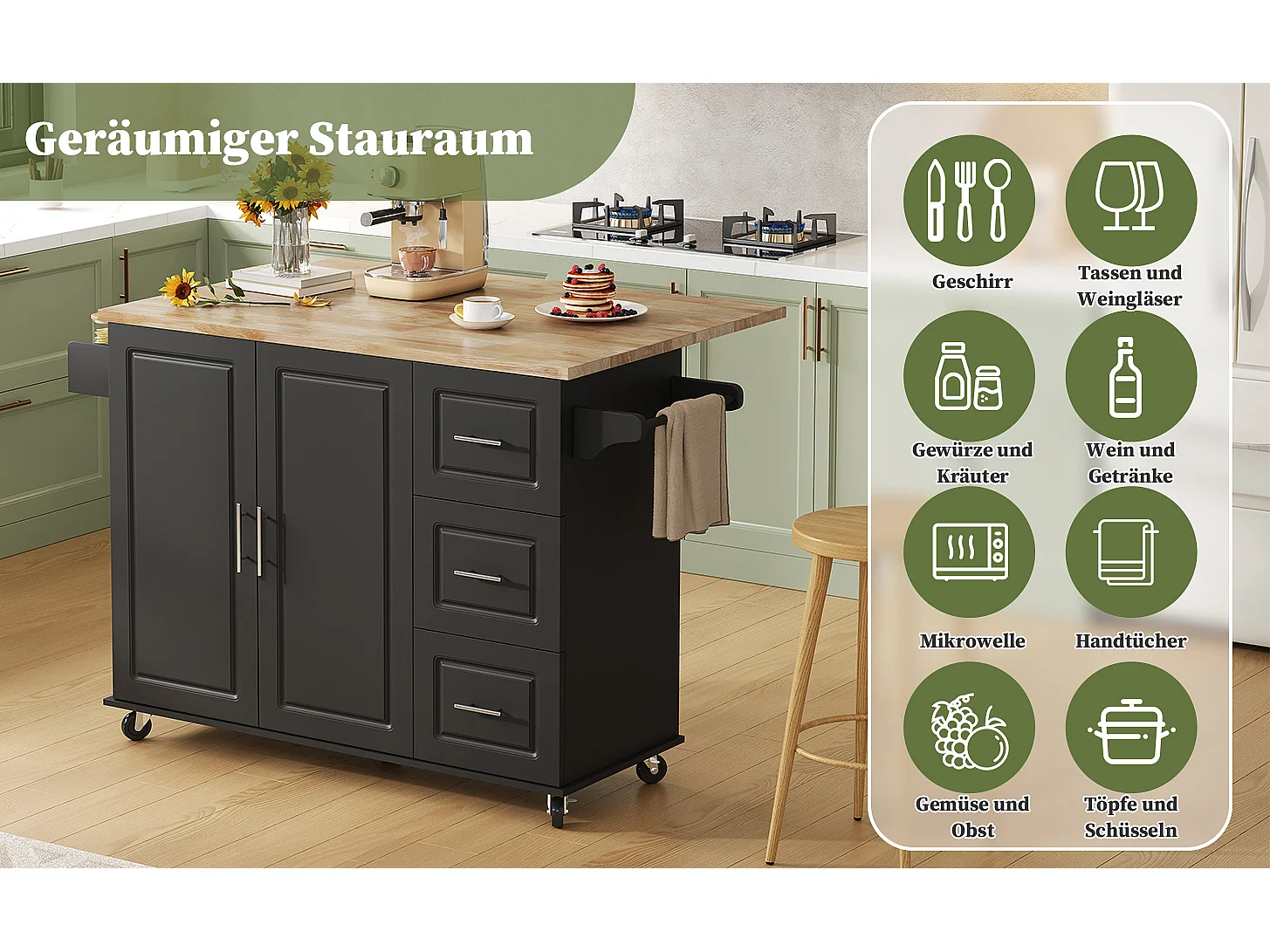 Verplaatsbaar keukeneiland - 137 x 43 (76) x 92 cm - inklapbaar blad - met 3 lades + 2 deuren - MDF - zwart