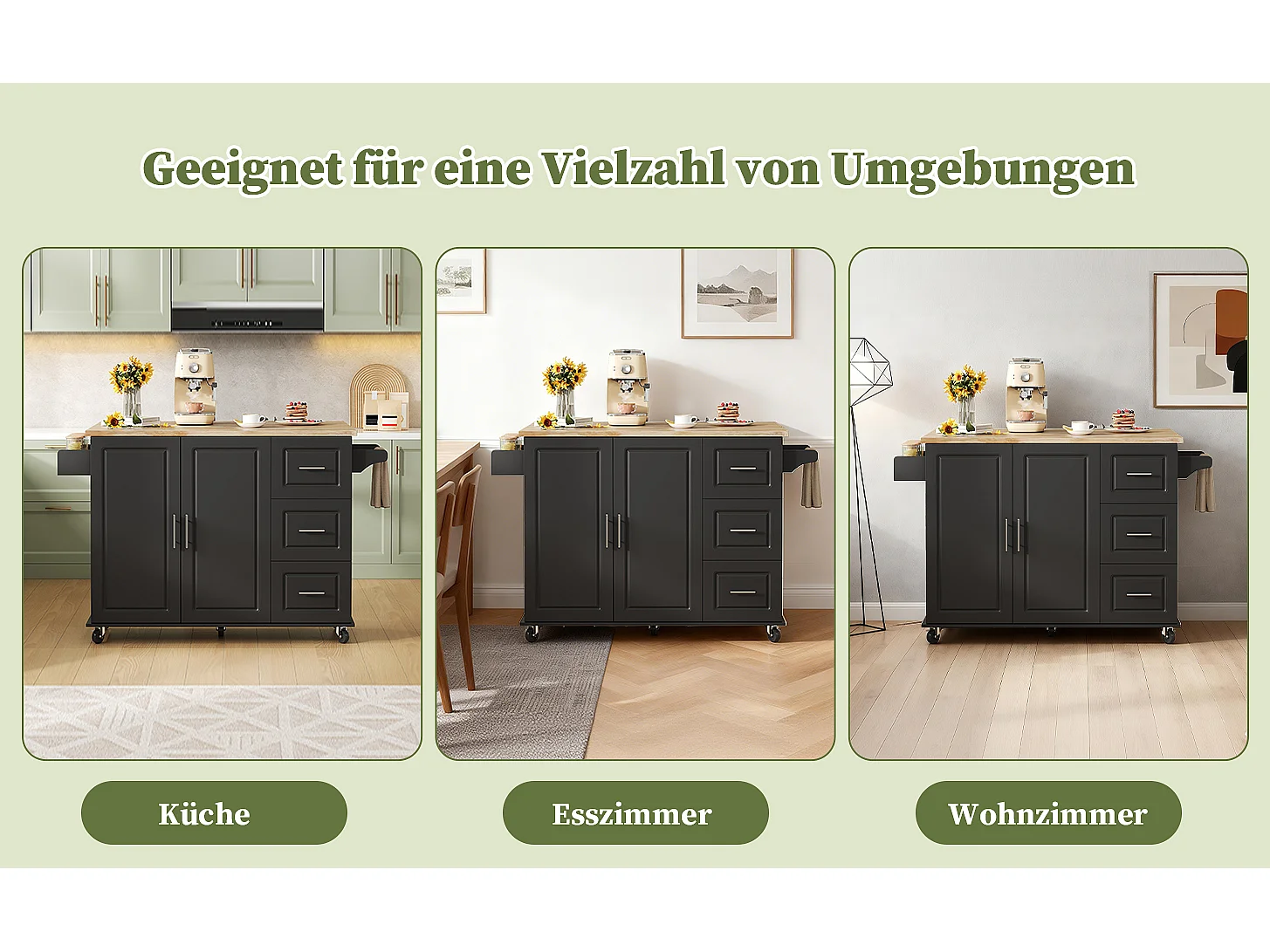 Verplaatsbaar keukeneiland - 137 x 43 (76) x 92 cm - inklapbaar blad - met 3 lades + 2 deuren - MDF - zwart