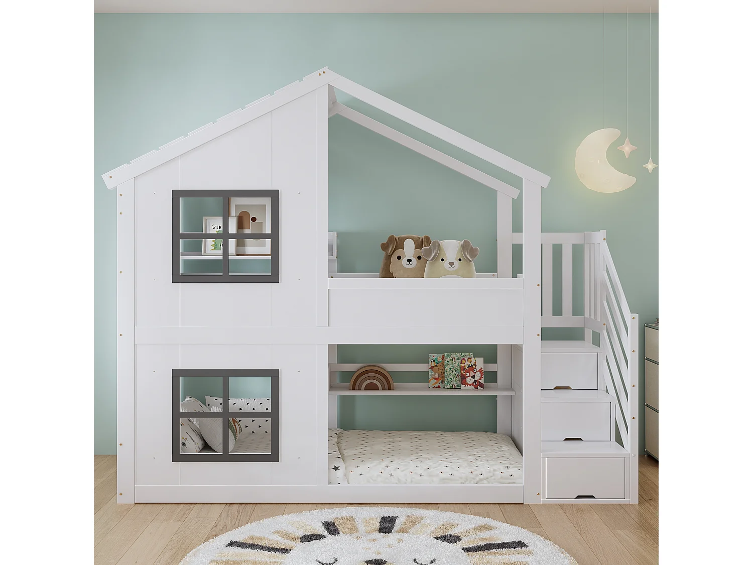 Litera infantil - 2 x 90 x 200 cm - con ventanas + techo + escalera de almacenaje - Pino + MDF - blanco + gris