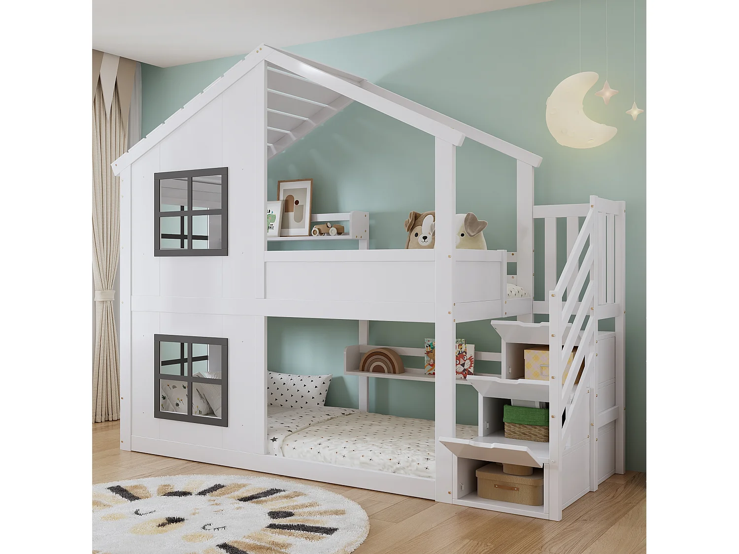 Litera infantil - 2 x 90 x 200 cm - con ventanas + techo + escalera de almacenaje - Pino + MDF - blanco + gris