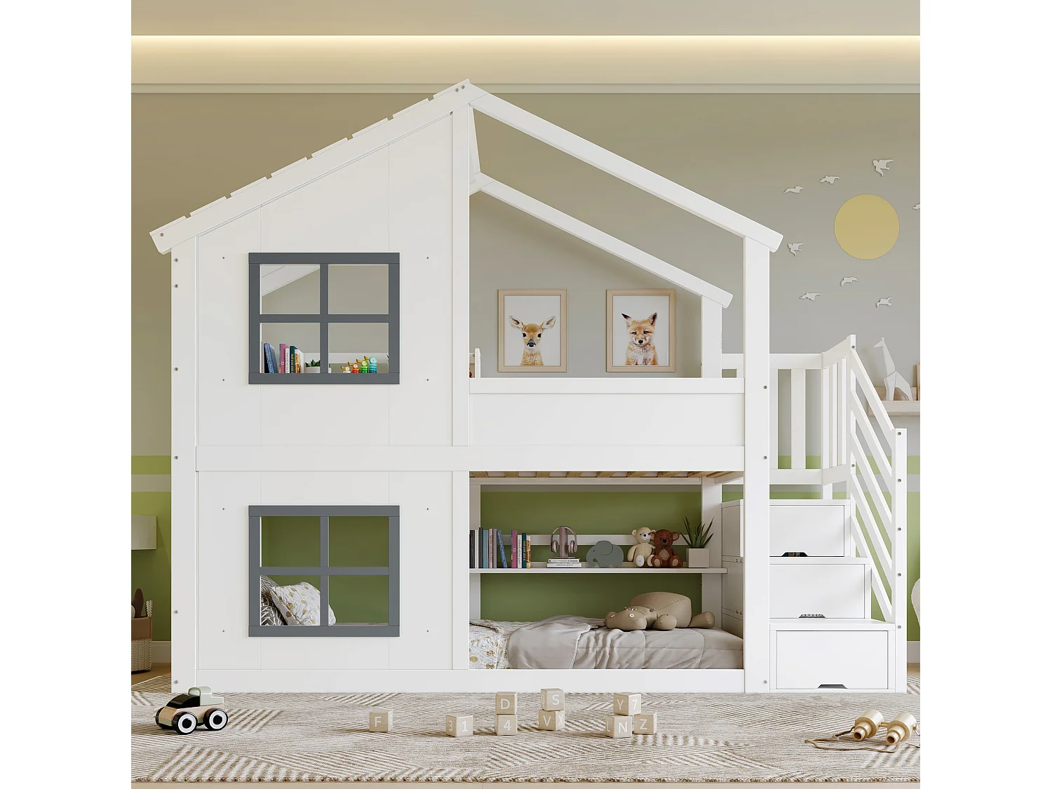 Litera infantil - 2 x 90 x 200 cm - con ventanas + techo + escalera de almacenaje - Pino + MDF - blanco + gris