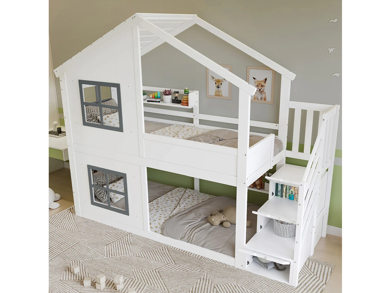 Litera infantil - 2 x 90 x 200 cm - con ventanas + techo + escalera de almacenaje - Pino + MDF - blanco + gris