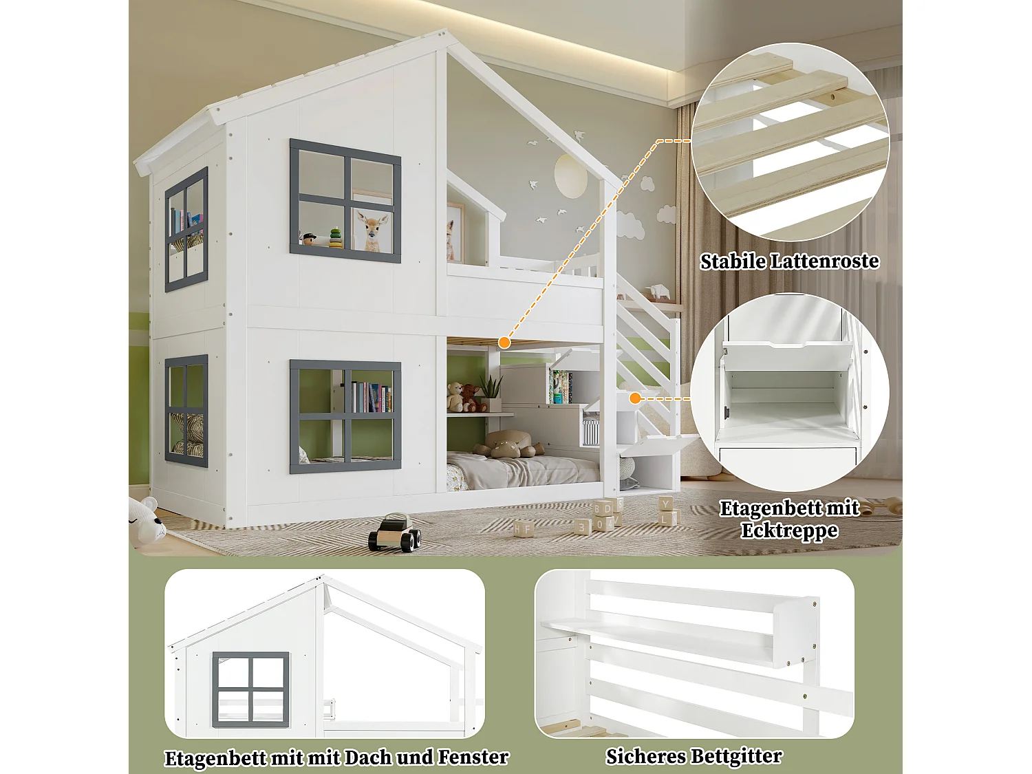Litera infantil - 2 x 90 x 200 cm - con ventanas + techo + escalera de almacenaje - Pino + MDF - blanco + gris