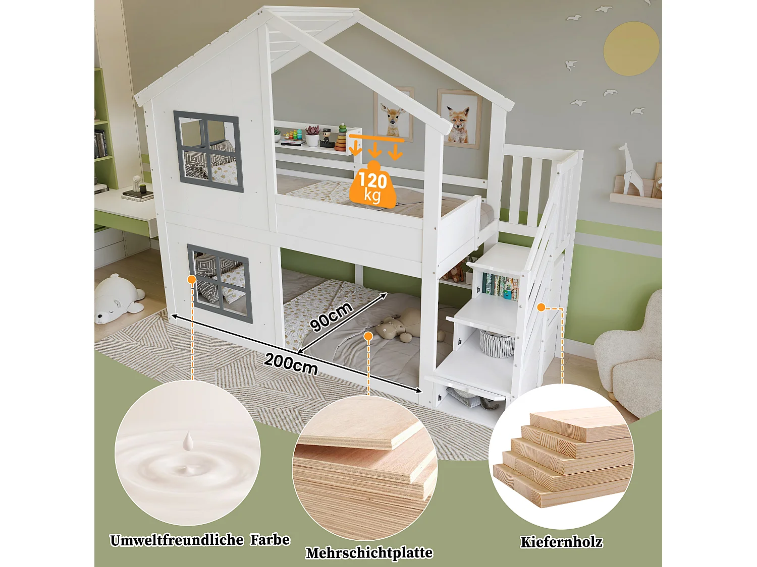 Litera infantil - 2 x 90 x 200 cm - con ventanas + techo + escalera de almacenaje - Pino + MDF - blanco + gris
