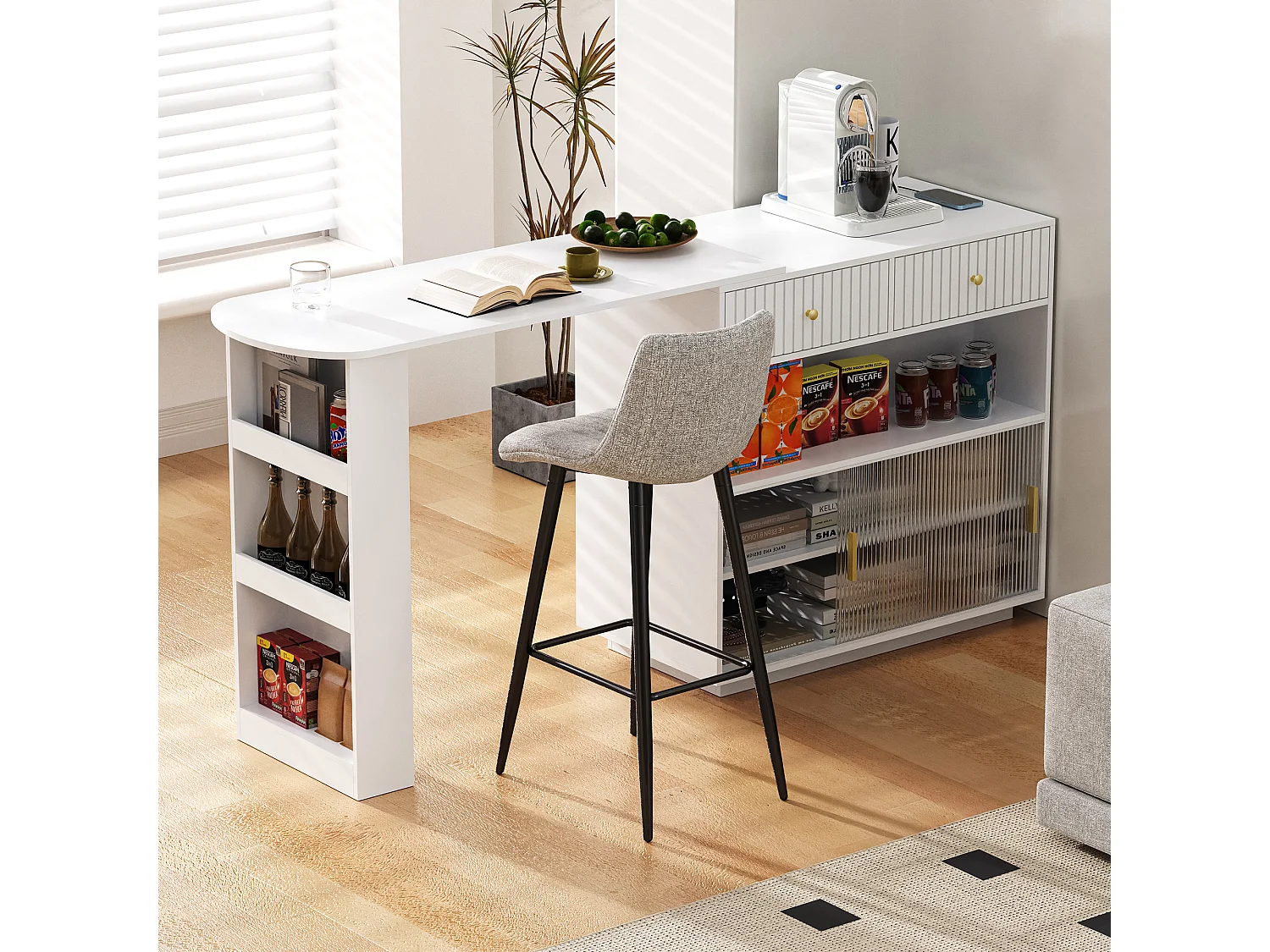 Mobile bar/credenza girevole estensibile - 120 x 50 x 95,5 cm - con anta + ripiani + LED + 2 cassetti - MDF - bianco