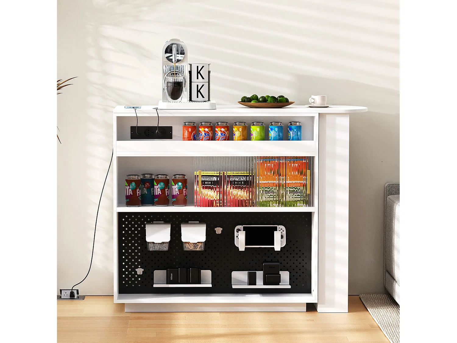 Mobile bar/credenza girevole estensibile - 120 x 50 x 95,5 cm - con anta + ripiani + LED + 2 cassetti - MDF - bianco