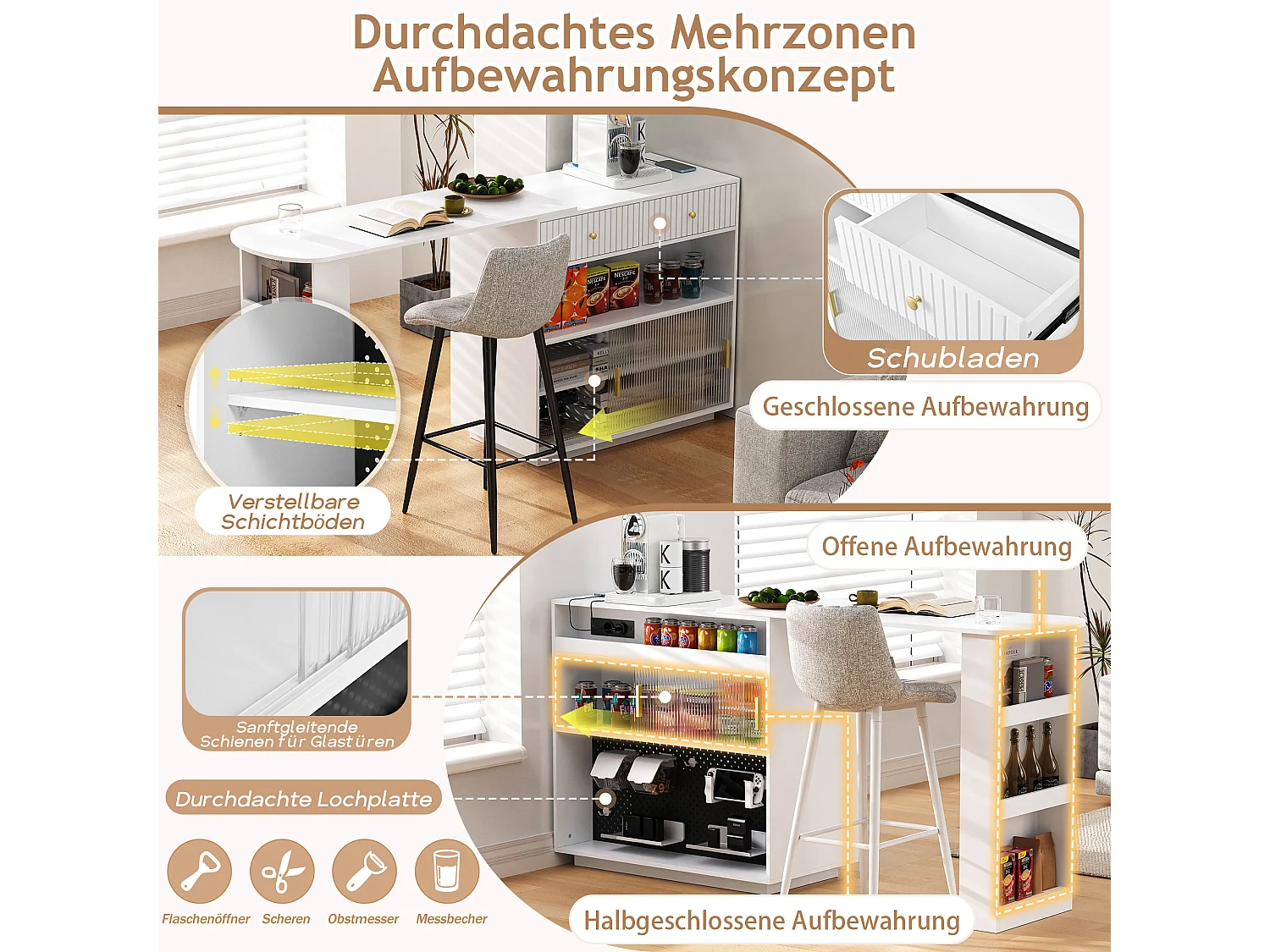 Mobile bar/credenza girevole estensibile - 120 x 50 x 95,5 cm - con anta + ripiani + LED + 2 cassetti - MDF - bianco