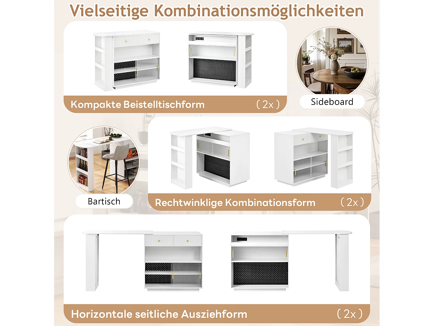 Mobile bar/credenza girevole estensibile - 120 x 50 x 95,5 cm - con anta + ripiani + LED + 2 cassetti - MDF - bianco