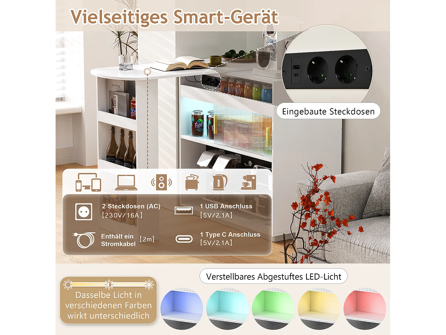 Mobile bar/credenza girevole estensibile - 120 x 50 x 95,5 cm - con anta + ripiani + LED + 2 cassetti - MDF - bianco