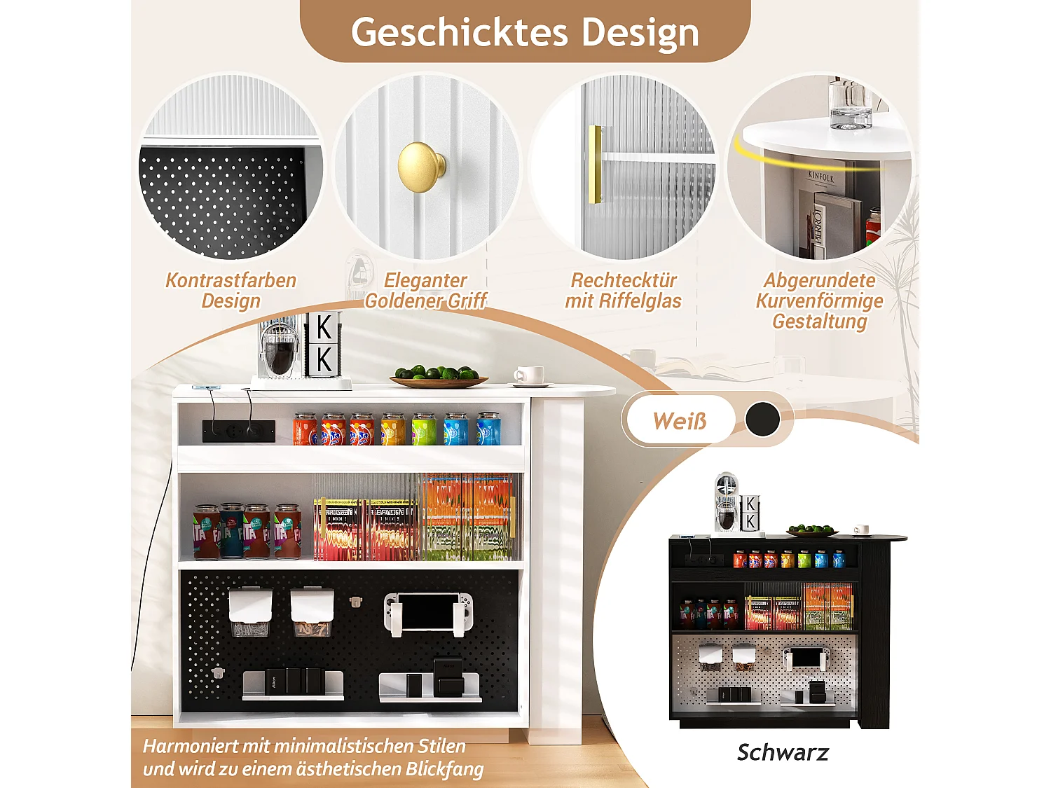 Mobile bar/credenza girevole estensibile - 120 x 50 x 95,5 cm - con anta + ripiani + LED + 2 cassetti - MDF - bianco