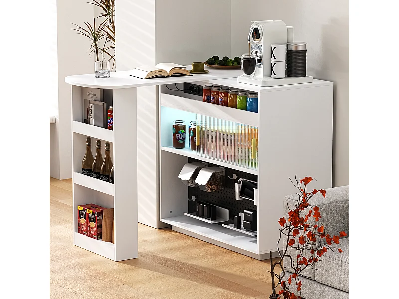 Mobile bar/credenza girevole estensibile - 120 x 50 x 95,5 cm - con anta + ripiani + LED + 2 cassetti - MDF - bianco