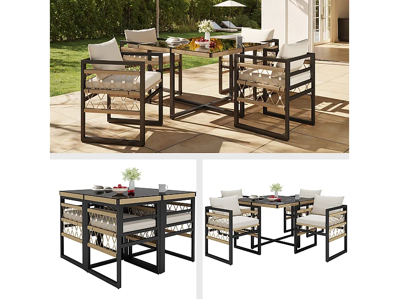 Ensemble de canapé de jardin tissé à la main 4 places - avec 4 coussins + 1 table + 4 fauteuils - métal - beige + noir