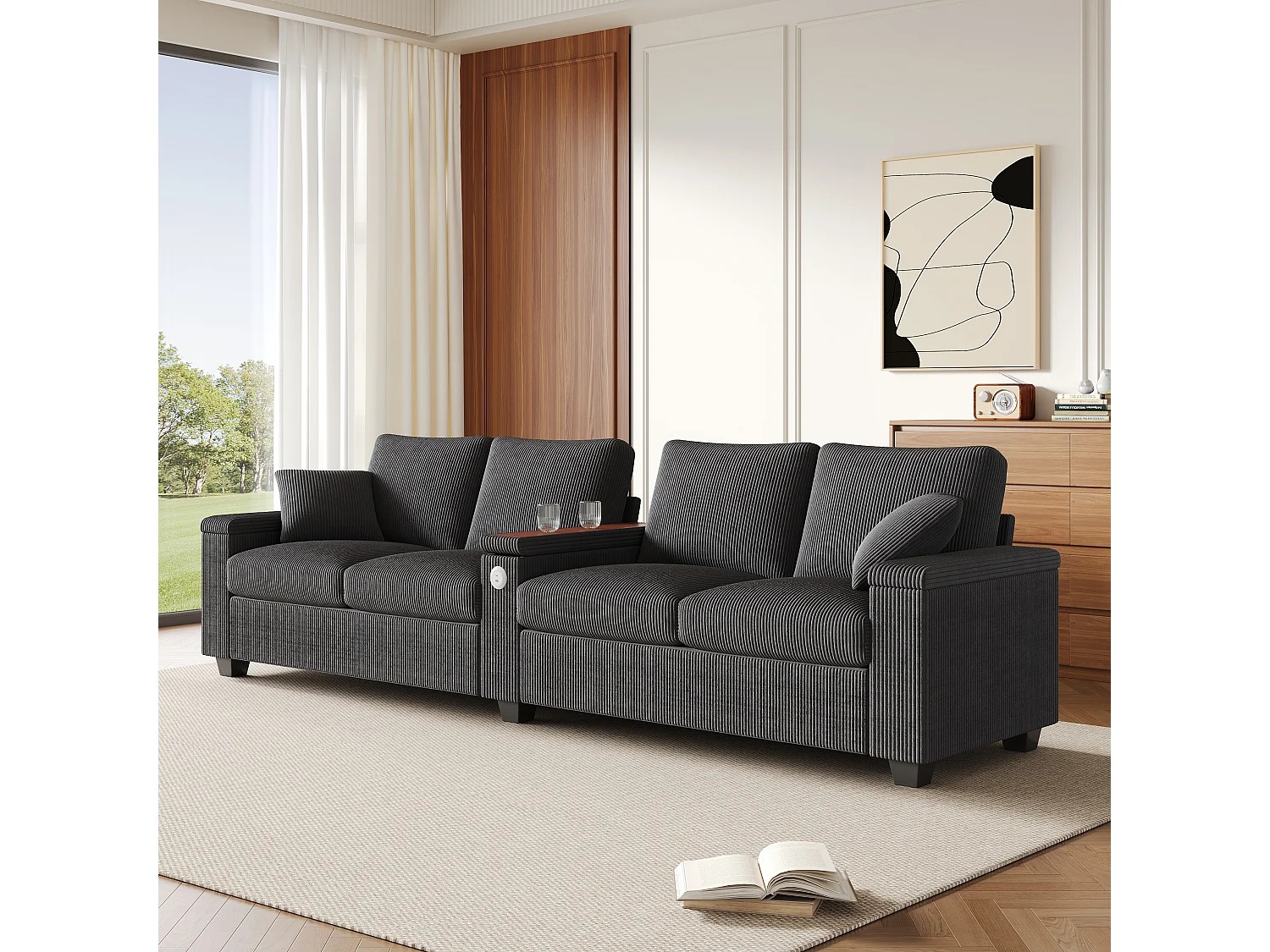 Canapé moderne 4 places - 299 x 80 x 82.7 cm - avec USB + accoudoir rabattable + rangement dissimulé - velours - gris