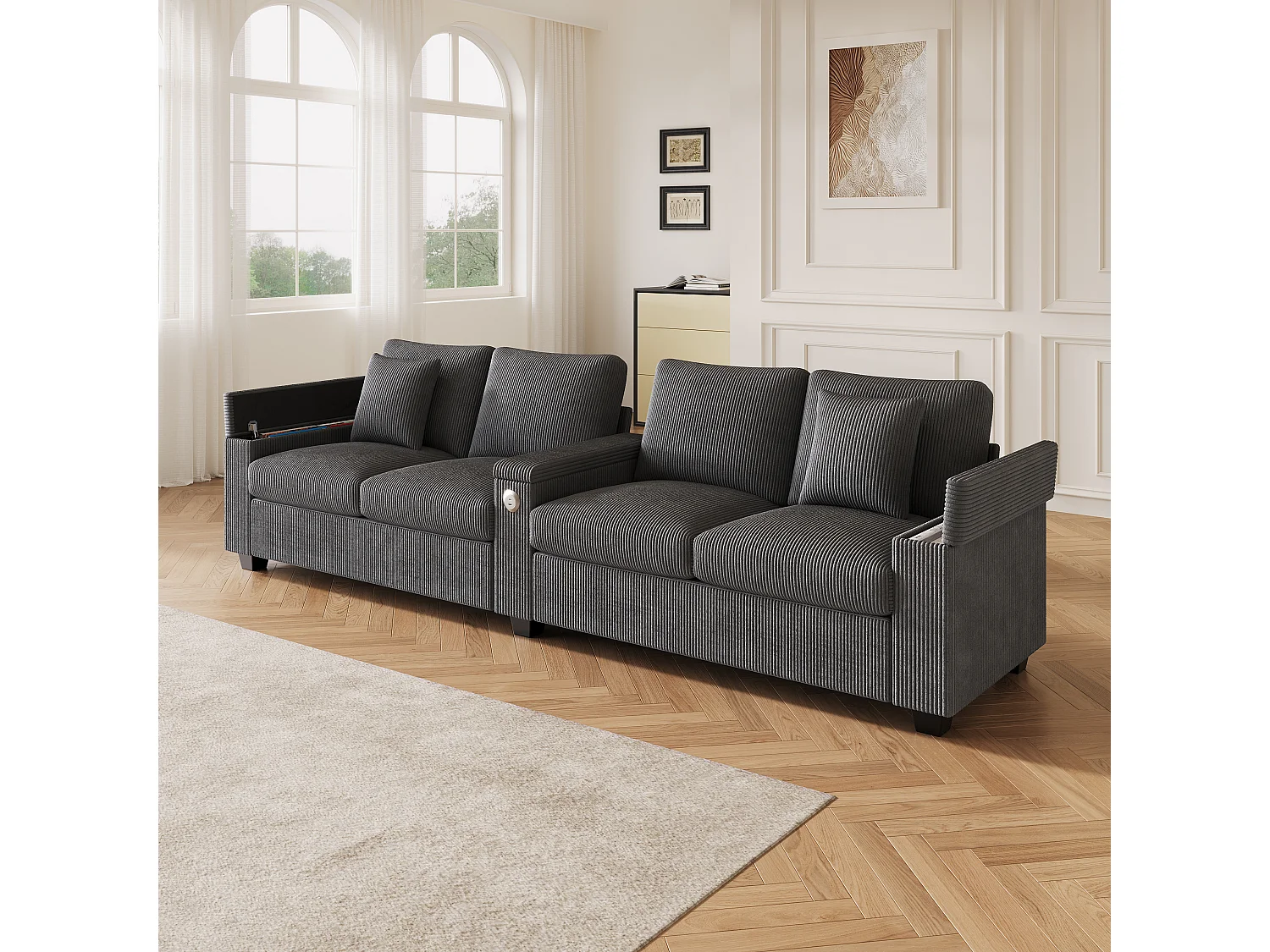 Canapé moderne 4 places - 299 x 80 x 82.7 cm - avec USB + accoudoir rabattable + rangement dissimulé - velours - gris